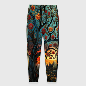 Мужские брюки 3D с принтом Цветущее дерево в стиле фолк арт в Екатеринбурге, 100% полиэстер | манжеты по низу, эластичный пояс регулируется шнурком, по бокам два кармана без застежек, внутренняя часть кармана из мелкой сетки | Тематика изображения на принте: 