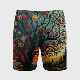 Мужские шорты спортивные с принтом Цветущее дерево в стиле фолк арт в Екатеринбурге,  |  | 