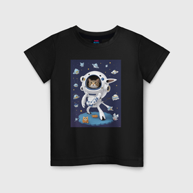 Детская футболка хлопок с принтом Котик в космическом пространстве в Белгороде, 100% хлопок | круглый вырез горловины, полуприлегающий силуэт, длина до линии бедер | 