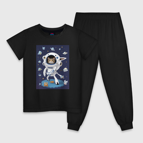 Детская пижама хлопок с принтом Котик в космическом пространстве в Санкт-Петербурге, 100% хлопок |  брюки и футболка прямого кроя, без карманов, на брюках мягкая резинка на поясе и по низу штанин
 | 