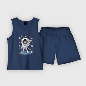 Детская пижама с шортами хлопок с принтом Котик в космическом пространстве в Санкт-Петербурге,  |  | 