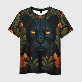 Мужская футболка 3D с принтом Черная пантера в стиле фолк арт в Петрозаводске, 100% полиэфир | прямой крой, круглый вырез горловины, длина до линии бедер | 