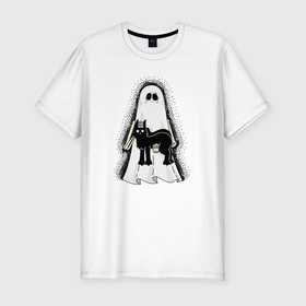 Мужская футболка хлопок Slim с принтом Призрак с котом в Екатеринбурге, 92% хлопок, 8% лайкра | приталенный силуэт, круглый вырез ворота, длина до линии бедра, короткий рукав | 