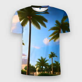 Мужская футболка 3D Slim с принтом Пальмы Лос Анджелеса , 100% полиэстер с улучшенными характеристиками | приталенный силуэт, круглая горловина, широкие плечи, сужается к линии бедра | 