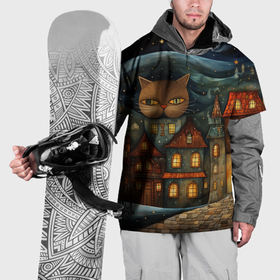 Накидка на куртку 3D с принтом Хранитель снов: котик в ночном городе в стиле фолк арт в Петрозаводске, 100% полиэстер |  | 