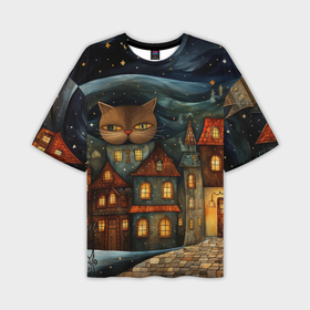 Мужская футболка oversize 3D с принтом Хранитель снов: котик в ночном городе в стиле фолк арт в Белгороде,  |  | 
