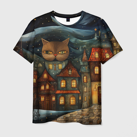 Мужская футболка 3D с принтом Хранитель снов: котик в ночном городе в стиле фолк арт в Курске, 100% полиэфир | прямой крой, круглый вырез горловины, длина до линии бедер | 
