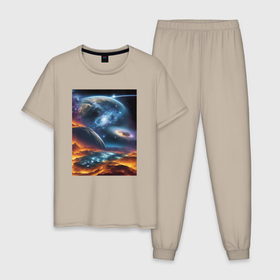 Мужская пижама хлопок с принтом Космические миры в Санкт-Петербурге, 100% хлопок | брюки и футболка прямого кроя, без карманов, на брюках мягкая резинка на поясе и по низу штанин
 | 