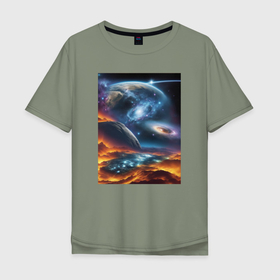 Мужская футболка хлопок Oversize с принтом Космические миры в Санкт-Петербурге, 100% хлопок | свободный крой, круглый ворот, “спинка” длиннее передней части | Тематика изображения на принте: 