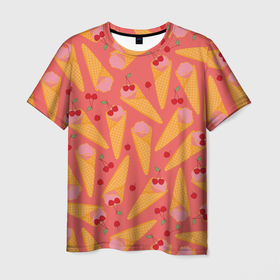 Мужская футболка 3D с принтом Розовое вишневое мороженое в Кировске, 100% полиэфир | прямой крой, круглый вырез горловины, длина до линии бедер | 