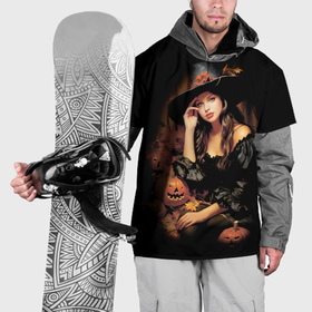 Накидка на куртку 3D с принтом Милая ведьма с тыквами в Курске, 100% полиэстер |  | Тематика изображения на принте: 