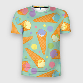 Мужская футболка 3D Slim с принтом разноцветные шарики мороженого в Тюмени, 100% полиэстер с улучшенными характеристиками | приталенный силуэт, круглая горловина, широкие плечи, сужается к линии бедра | 