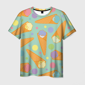 Мужская футболка 3D с принтом разноцветные шарики мороженого в Тюмени, 100% полиэфир | прямой крой, круглый вырез горловины, длина до линии бедер | 