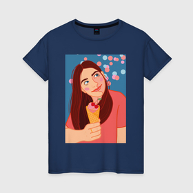 Женская футболка хлопок с принтом девушка с вишневым мороженым в Курске, 100% хлопок | прямой крой, круглый вырез горловины, длина до линии бедер, слегка спущенное плечо | 