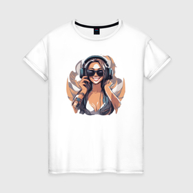 Женская футболка хлопок с принтом Девушка в наушниках в Курске, 100% хлопок | прямой крой, круглый вырез горловины, длина до линии бедер, слегка спущенное плечо | 