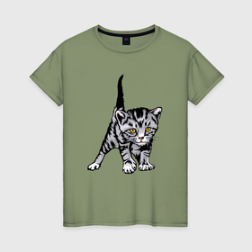 Женская футболка хлопок с принтом Маленький котёнок доволен в Екатеринбурге, 100% хлопок | прямой крой, круглый вырез горловины, длина до линии бедер, слегка спущенное плечо | 
