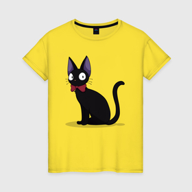 Женская футболка хлопок с принтом Чёрный котик испуган в Белгороде, 100% хлопок | прямой крой, круглый вырез горловины, длина до линии бедер, слегка спущенное плечо | Тематика изображения на принте: 