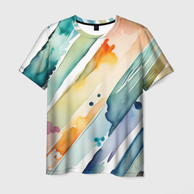 Мужская футболка 3D с принтом Цветный акварельные мазки   нейросеть в Курске, 100% полиэфир | прямой крой, круглый вырез горловины, длина до линии бедер | 