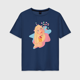 Женская футболка хлопок Oversize с принтом Девушка со светлыми волосами и голубыми глазами в Новосибирске, 100% хлопок | свободный крой, круглый ворот, спущенный рукав, длина до линии бедер
 | 