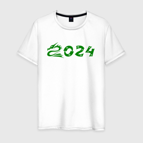 Мужская футболка хлопок с принтом Зеленый дракон 2024 деревянный в Екатеринбурге, 100% хлопок | прямой крой, круглый вырез горловины, длина до линии бедер, слегка спущенное плечо. | Тематика изображения на принте: 