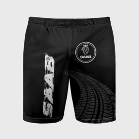 Мужские шорты спортивные с принтом Saab speed на темном фоне со следами шин: надпись, символ ,  |  | Тематика изображения на принте: 