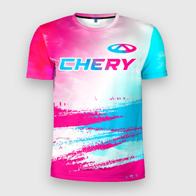 Мужская футболка 3D Slim с принтом Chery neon gradient style: символ сверху в Петрозаводске, 100% полиэстер с улучшенными характеристиками | приталенный силуэт, круглая горловина, широкие плечи, сужается к линии бедра | 