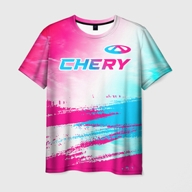 Мужская футболка 3D с принтом Chery neon gradient style: символ сверху в Петрозаводске, 100% полиэфир | прямой крой, круглый вырез горловины, длина до линии бедер | 