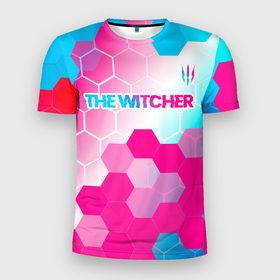 Мужская футболка 3D Slim с принтом The Witcher neon gradient style: символ сверху в Санкт-Петербурге, 100% полиэстер с улучшенными характеристиками | приталенный силуэт, круглая горловина, широкие плечи, сужается к линии бедра | 