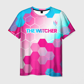 Мужская футболка 3D с принтом The Witcher neon gradient style: символ сверху в Петрозаводске, 100% полиэфир | прямой крой, круглый вырез горловины, длина до линии бедер | 