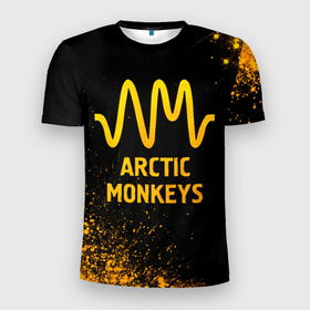 Мужская футболка 3D Slim с принтом Arctic Monkeys   gold gradient в Курске, 100% полиэстер с улучшенными характеристиками | приталенный силуэт, круглая горловина, широкие плечи, сужается к линии бедра | 