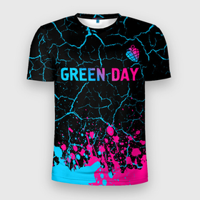 Мужская футболка 3D Slim с принтом Green Day   neon gradient: символ сверху в Кировске, 100% полиэстер с улучшенными характеристиками | приталенный силуэт, круглая горловина, широкие плечи, сужается к линии бедра | Тематика изображения на принте: 