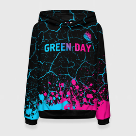 Женская толстовка 3D с принтом Green Day   neon gradient: символ сверху в Новосибирске, 100% полиэстер  | двухслойный капюшон со шнурком для регулировки, мягкие манжеты на рукавах и по низу толстовки, спереди карман-кенгуру с мягким внутренним слоем. | 