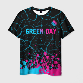 Мужская футболка 3D с принтом Green Day   neon gradient: символ сверху в Кировске, 100% полиэфир | прямой крой, круглый вырез горловины, длина до линии бедер | Тематика изображения на принте: 