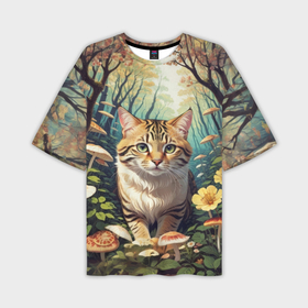 Мужская футболка oversize 3D с принтом Полосатый котик в лесу в Курске,  |  | 