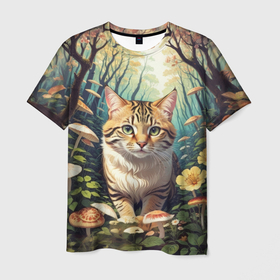 Мужская футболка 3D с принтом Полосатый котик в лесу в Курске, 100% полиэфир | прямой крой, круглый вырез горловины, длина до линии бедер | 
