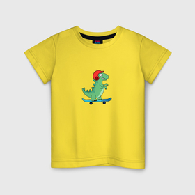 Детская футболка хлопок с принтом Динозавр в шлеме на скейте в Курске, 100% хлопок | круглый вырез горловины, полуприлегающий силуэт, длина до линии бедер | 