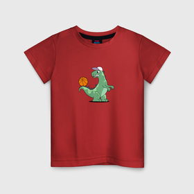 Детская футболка хлопок с принтом Тираннозавр в кепке с баскетбольным мячом на хвосте в Курске, 100% хлопок | круглый вырез горловины, полуприлегающий силуэт, длина до линии бедер | 