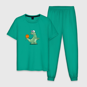 Мужская пижама хлопок с принтом Тираннозавр в кепке с баскетбольным мячом на хвосте в Курске, 100% хлопок | брюки и футболка прямого кроя, без карманов, на брюках мягкая резинка на поясе и по низу штанин
 | Тематика изображения на принте: 