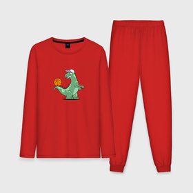 Мужская пижама с лонгсливом хлопок с принтом Тираннозавр в кепке с баскетбольным мячом на хвосте в Тюмени,  |  | 