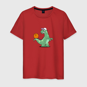 Мужская футболка хлопок с принтом Тираннозавр в кепке с баскетбольным мячом на хвосте , 100% хлопок | прямой крой, круглый вырез горловины, длина до линии бедер, слегка спущенное плечо. | 
