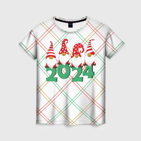 Женская футболка 3D с принтом Новогодние гномы 2024 в Кировске, 100% полиэфир ( синтетическое хлопкоподобное полотно) | прямой крой, круглый вырез горловины, длина до линии бедер | 