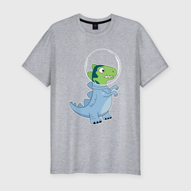 Мужская футболка хлопок Slim с принтом Динозавр космонавт в скафандре , 92% хлопок, 8% лайкра | приталенный силуэт, круглый вырез ворота, длина до линии бедра, короткий рукав | 