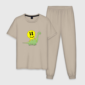 Мужская пижама хлопок с принтом Брахиозавр улитка со смайликом на спине , 100% хлопок | брюки и футболка прямого кроя, без карманов, на брюках мягкая резинка на поясе и по низу штанин
 | 
