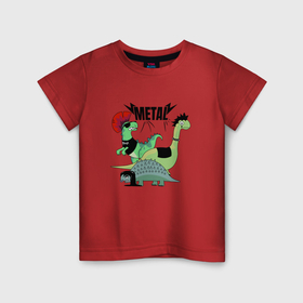 Детская футболка хлопок с принтом Динозавры рокеры с надписью metal , 100% хлопок | круглый вырез горловины, полуприлегающий силуэт, длина до линии бедер | 
