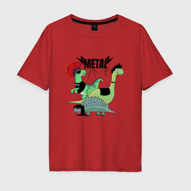 Мужская футболка хлопок Oversize с принтом Динозавры рокеры с надписью metal в Екатеринбурге, 100% хлопок | свободный крой, круглый ворот, “спинка” длиннее передней части | 