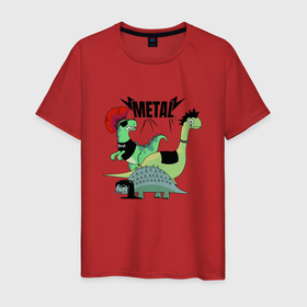 Мужская футболка хлопок с принтом Динозавры рокеры с надписью metal в Петрозаводске, 100% хлопок | прямой крой, круглый вырез горловины, длина до линии бедер, слегка спущенное плечо. | 
