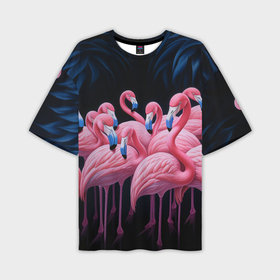 Мужская футболка oversize 3D с принтом Стая розовых фламинго в темноте в Екатеринбурге,  |  | 