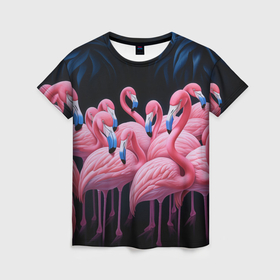 Женская футболка 3D с принтом Стая розовых фламинго в темноте в Петрозаводске, 100% полиэфир ( синтетическое хлопкоподобное полотно) | прямой крой, круглый вырез горловины, длина до линии бедер | 