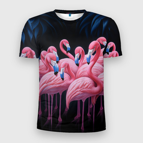Мужская футболка 3D Slim с принтом Стая розовых фламинго в темноте в Екатеринбурге, 100% полиэстер с улучшенными характеристиками | приталенный силуэт, круглая горловина, широкие плечи, сужается к линии бедра | 