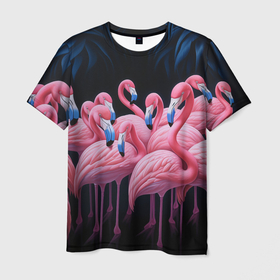 Мужская футболка 3D с принтом Стая розовых фламинго в темноте , 100% полиэфир | прямой крой, круглый вырез горловины, длина до линии бедер | 